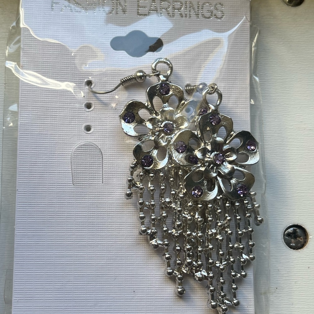 Silver Floral Dangle Earrings with Purple Accents